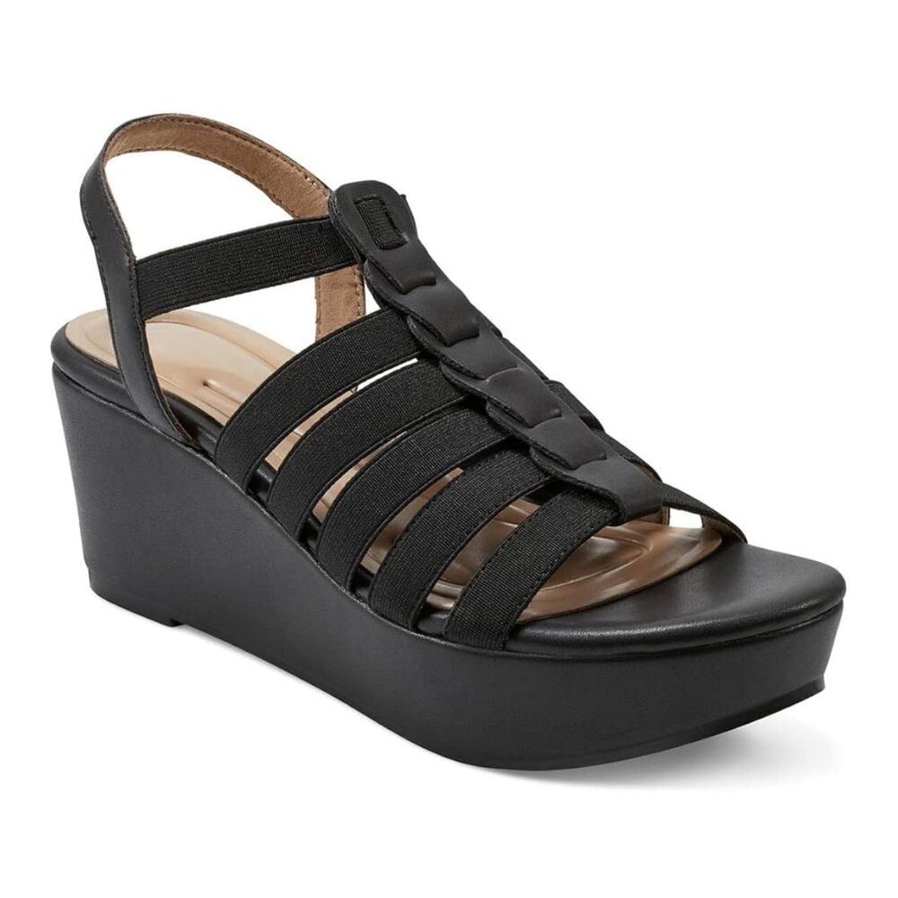 Easy Spirit 8W Wide Strappy Sandals Avinna Black Wedge Platform Casual Comfort
